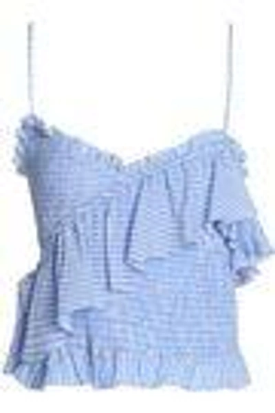 Shop Cinq À Sept Woman Shirred Ruffled Striped Cotton-poplin Top Sky Blue