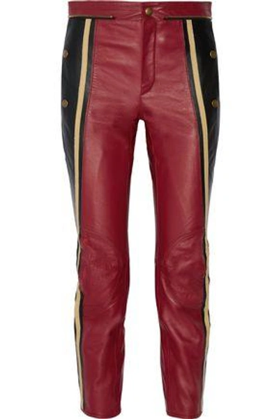 Shop Chloé Striped Leather Straight-leg Pants In Burgundy