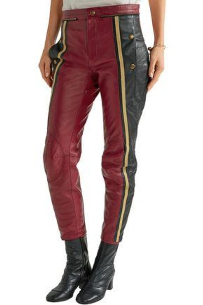 Shop Chloé Striped Leather Straight-leg Pants In Burgundy