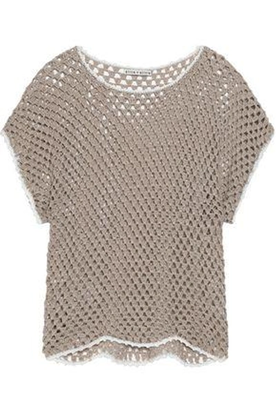 Shop Alice And Olivia Woman Open-knit Linen And Cotton-blend Top Mushroom