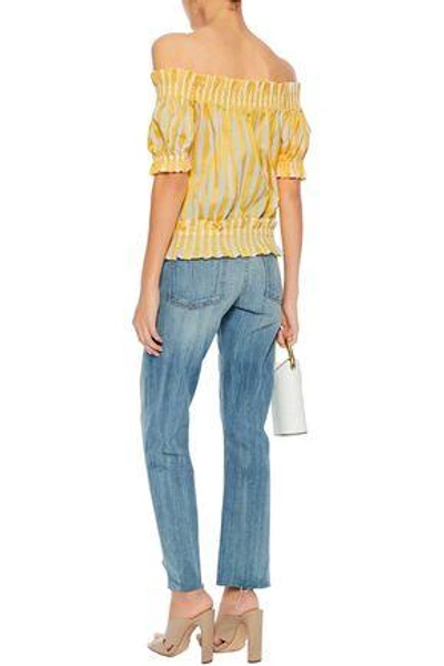 Shop Caroline Constas Woman Peasant Off-the-shoulder Shirred Striped Cotton-poplin Top Yellow