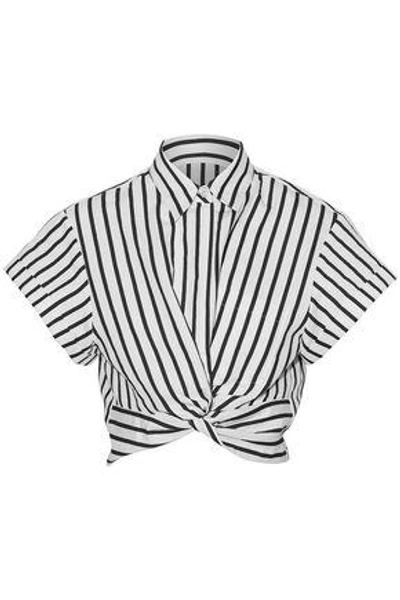 Shop Alexander Wang T Cropped Twist-front Striped Cotton-blend Poplin Shirt In White