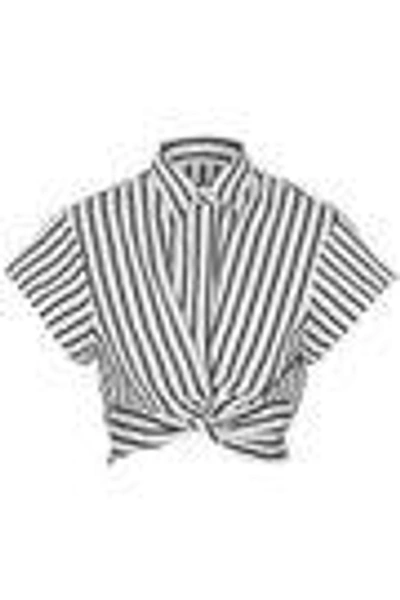 Shop Alexander Wang T Cropped Twist-front Striped Cotton-blend Poplin Shirt In White