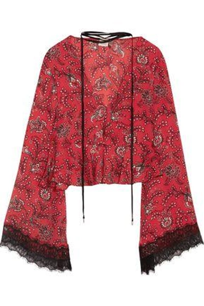 Shop Cinq À Sept Jemma Lace-trimmed Printed Silk Peplum Top In Red