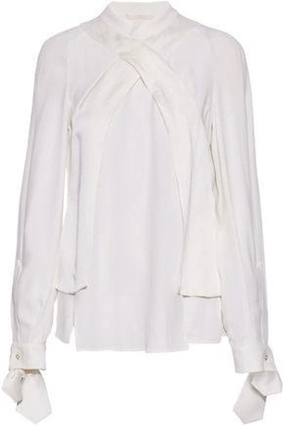 Shop Antonio Berardi Wrap-effect Satin-trimmed Crepe Blouse In Ivory