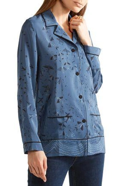 Shop Valentino Printed Silk Crepe De Chine Shirt In Slate Blue
