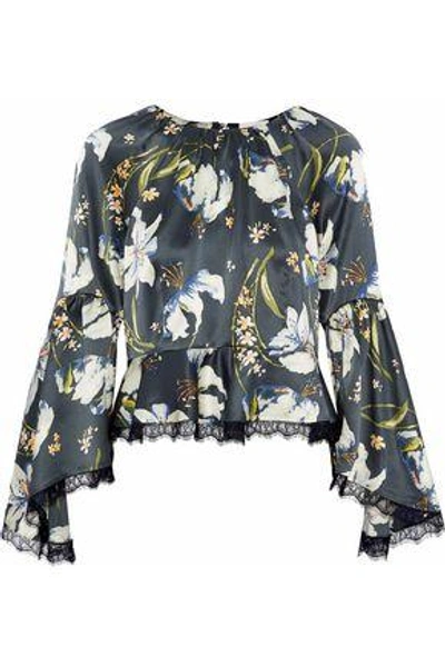 Shop Cinq À Sept Avalon Lace-trimmed Floral-print Silk-satin Top In Black
