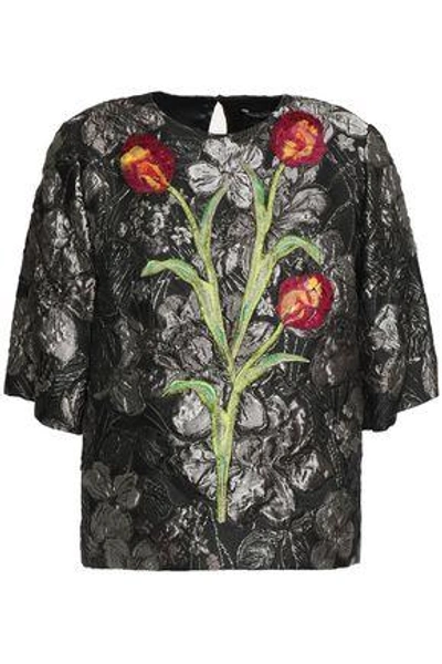 Shop Dolce & Gabbana Floral-appliquéd Brocade Top In Gray