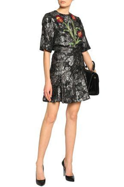Shop Dolce & Gabbana Floral-appliquéd Brocade Top In Gray