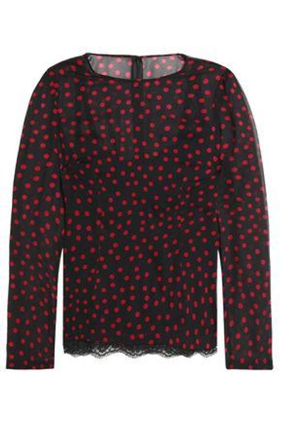 Shop Dolce & Gabbana Lace-trimmed Polka-dot Stretch-silk Top In Black