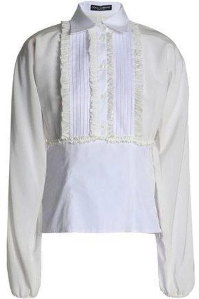 Shop Dolce & Gabbana Pintucked Ruffle-trimmed Silk And Cotton-blend Shirt In White