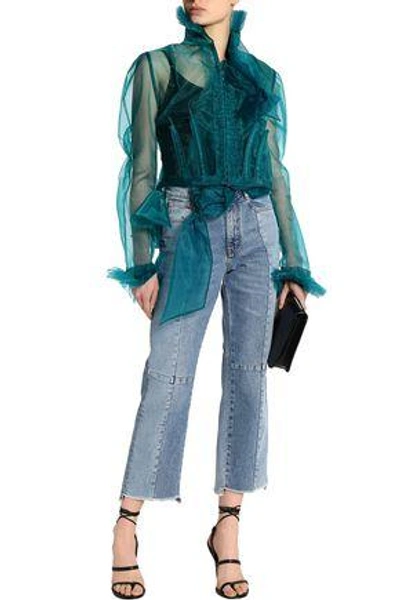 Shop Maison Margiela Woman Ruffled Cotton-blend Organza Blouse Turquoise
