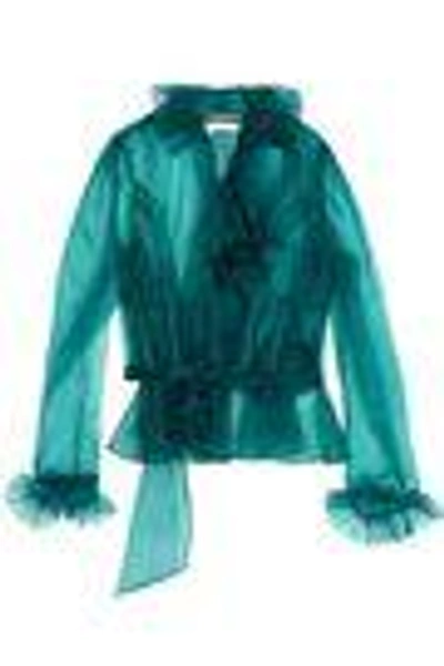 Shop Maison Margiela Woman Ruffled Cotton-blend Organza Blouse Turquoise