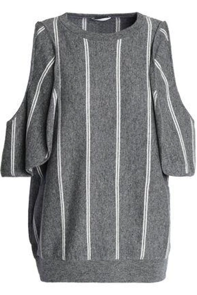 Shop Brunello Cucinelli Cold-shoulder Striped Wool, Cashmere And Silk-blend Top In Gray