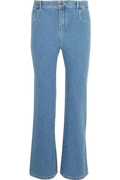 Shop Chloé Scalloped High-rise Flared Jeans In Mid Denim