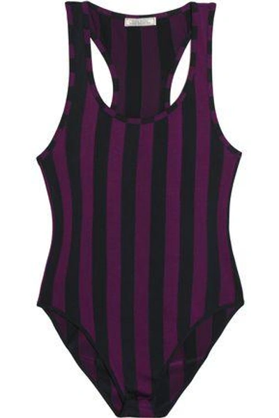 Shop Nina Ricci Woman Striped Stretch-knit Bodysuit Violet
