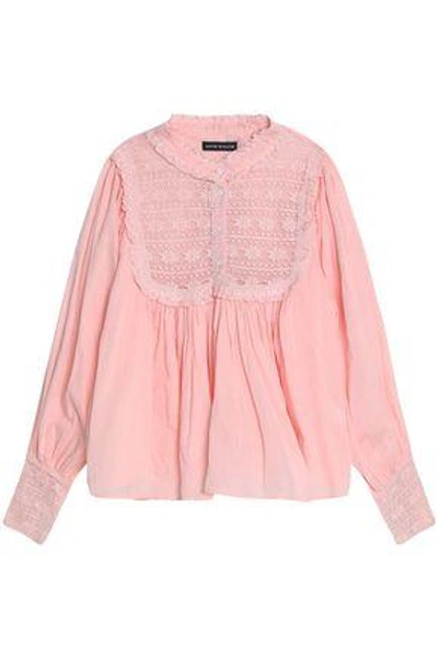 Shop Antik Batik Woman Lace-paneled Ruffle-trimmed Gathered Cotton-gauze Blouse Baby Pink