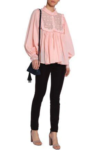 Shop Antik Batik Woman Lace-paneled Ruffle-trimmed Gathered Cotton-gauze Blouse Baby Pink