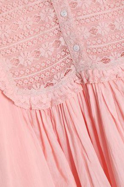 Shop Antik Batik Woman Lace-paneled Ruffle-trimmed Gathered Cotton-gauze Blouse Baby Pink