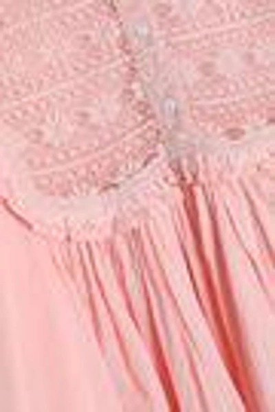 Shop Antik Batik Woman Lace-paneled Ruffle-trimmed Gathered Cotton-gauze Blouse Baby Pink