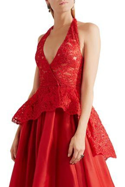 Shop Reem Acra Woman Corded Lace Halterneck Top Red