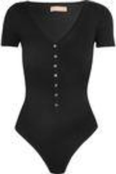 Shop Michael Kors Woman Ribbed Stretch Merino Wool-blend Bodysuit Black