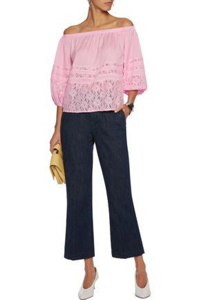 Shop Raoul Woman Off-the-shoulder Lace-paneled Crepe De Chine Blouse Baby Pink