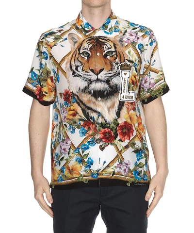 Shop Dolce & Gabbana Silk Shirt In Leo-rampicanti Panna