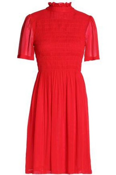 Shop Alexa Chung Shirred Crepe De Chine Dress In Red
