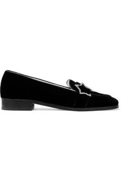 Shop Alexa Chung Woman Crystal-embellished Velvet Loafers Black