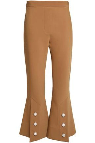 Shop Ellery Faux Pearl-embellished Woven Flared Pants In Camel