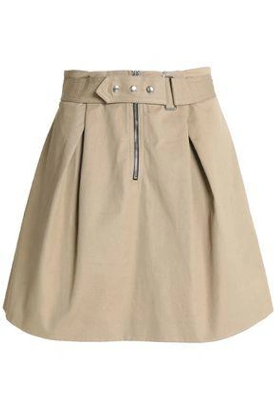 Shop Sandro Woman Belted Pleated Cotton-twill Mini Skirt Beige