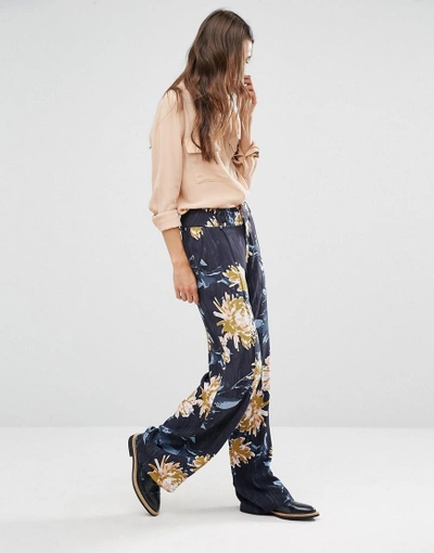 Shop Gestuz Wide Leg Floral Print Pants - Navy
