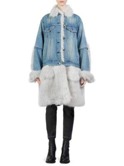 Shop Sacai Denim & Faux-fur Coat In Blue-grey