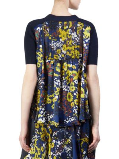 Shop Sacai Wool Knit Floral Pullover Top In Navy