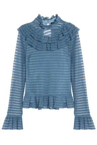 Shop Nicholas Woman Ruffle-trimmed Cutout Open-knit Blouse Blue