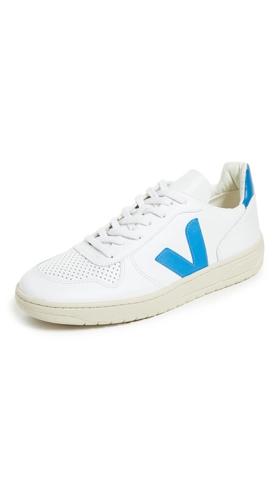 Veja V 10 Leather Sneakers In Extra White/swedish Blue | ModeSens