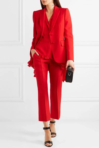 Shop Alexander Mcqueen Cropped Wool-blend Flared Pants In Red