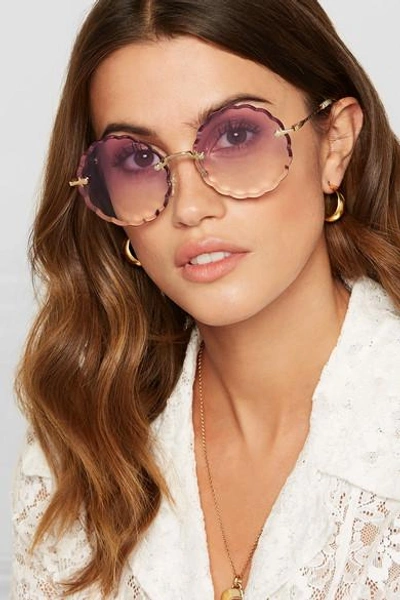 Shop Chloé Rosie Scalloped Round-frame Gold-tone Sunglasses