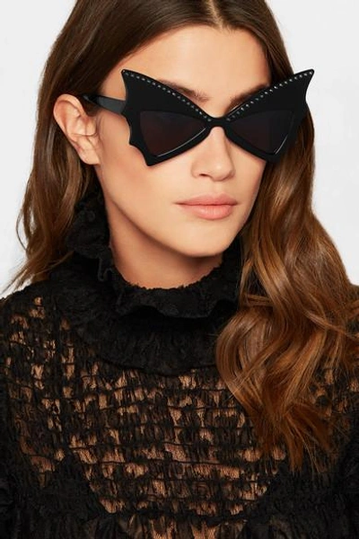 Shop Saint Laurent Crystal-embellished Cat-eye Acetate Sunglasses In Black
