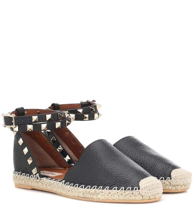 Shop Valentino Rockstud Double Leather Espadrilles In Black