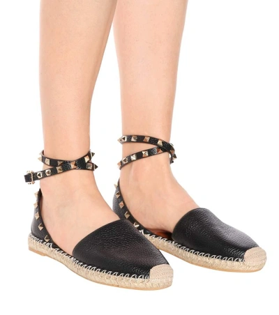 Shop Valentino Rockstud Double Leather Espadrilles In Black