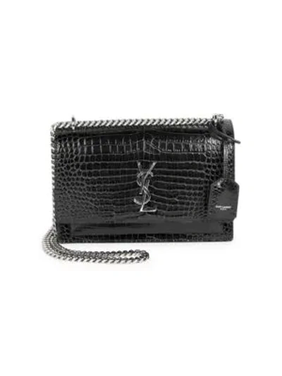 Shop Saint Laurent Medium Sunset Croc-embossed Leather Shoulder Bag In Black