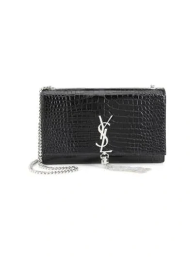Shop Saint Laurent Medium Kate Stamped Croc Leather Crossbody Bag In Dark Beige