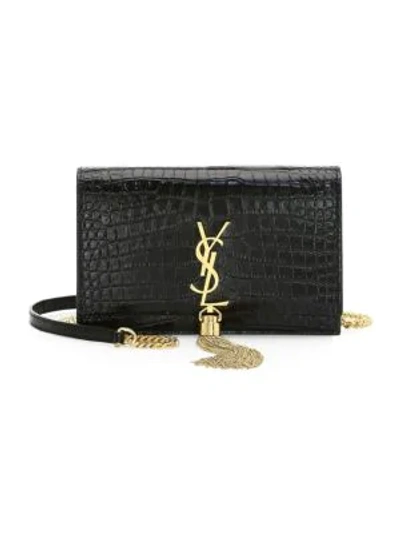 Shop Saint Laurent Kate Crocodile-stamped Leather Wallet In Black
