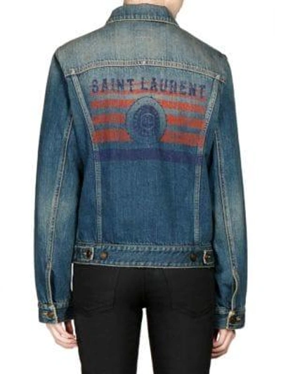 Shop Saint Laurent Logo Back Denim Jacket In Deep Vintage Blue