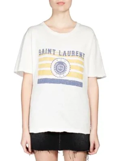 Shop Saint Laurent Universite Logo T-shirt In Ecru Yellow Blue