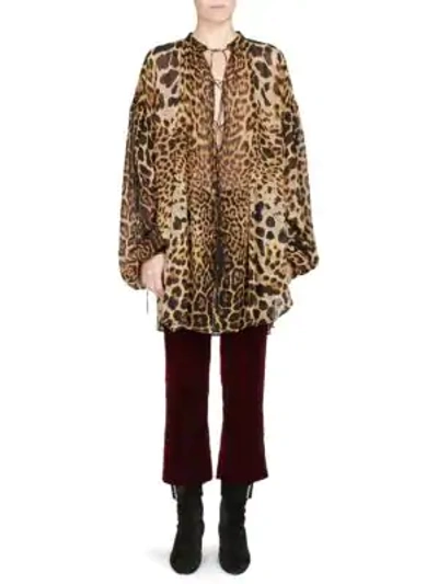 Shop Saint Laurent Oversized Leopard Print Georgette Blouse