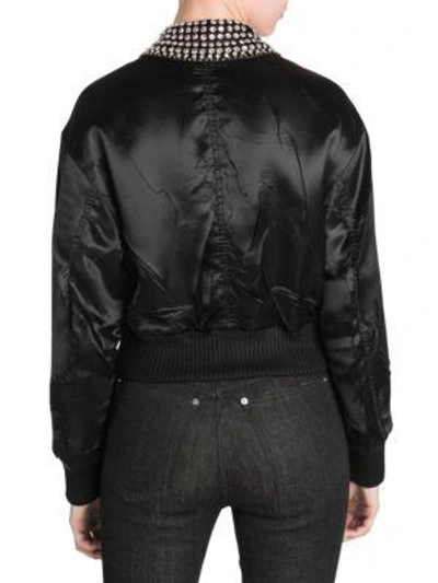 Shop Miu Miu Embellished Satin Bomber Jacket In Black