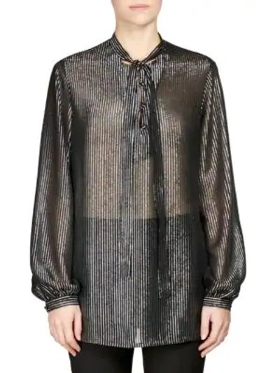 Shop Saint Laurent Silk Metallic Stripe Tie-neck Blouse In Black Silver